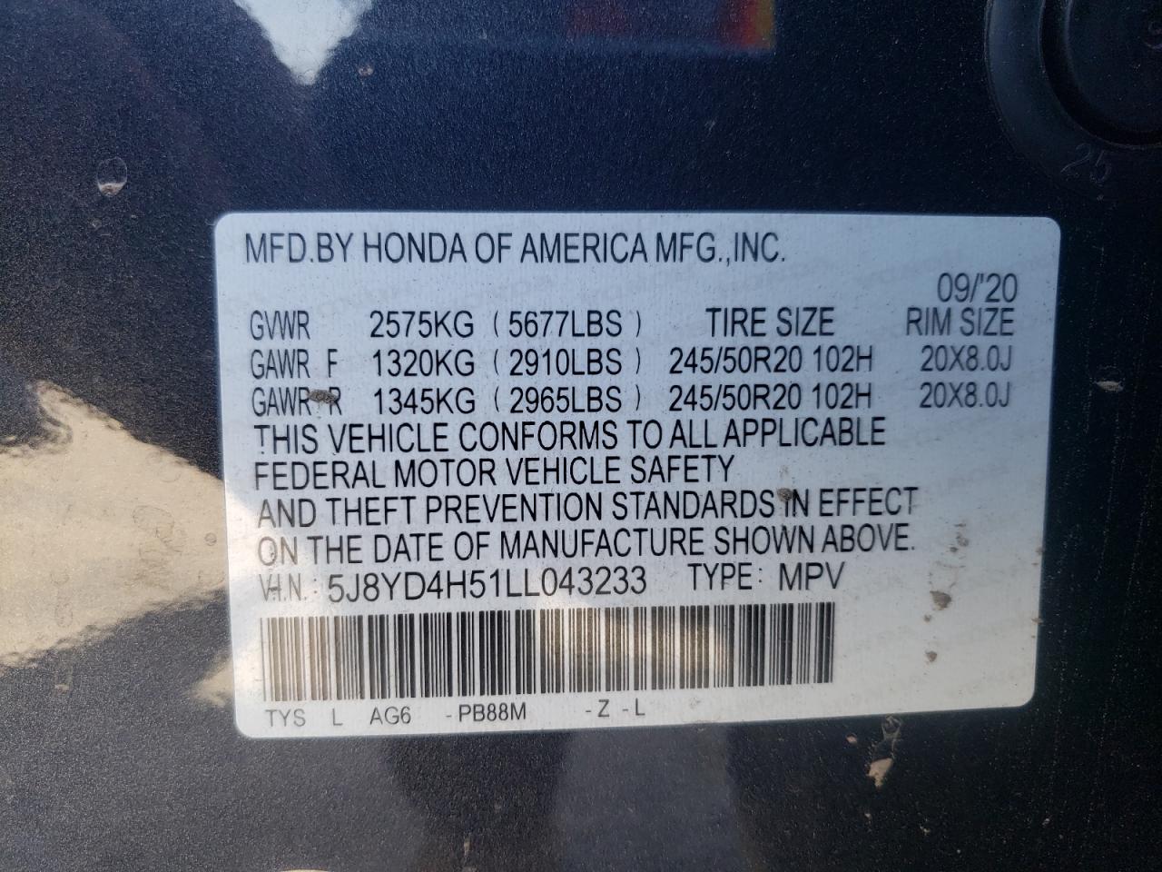 5J8YD4H51LL043233 2020 Acura Mdx Technology