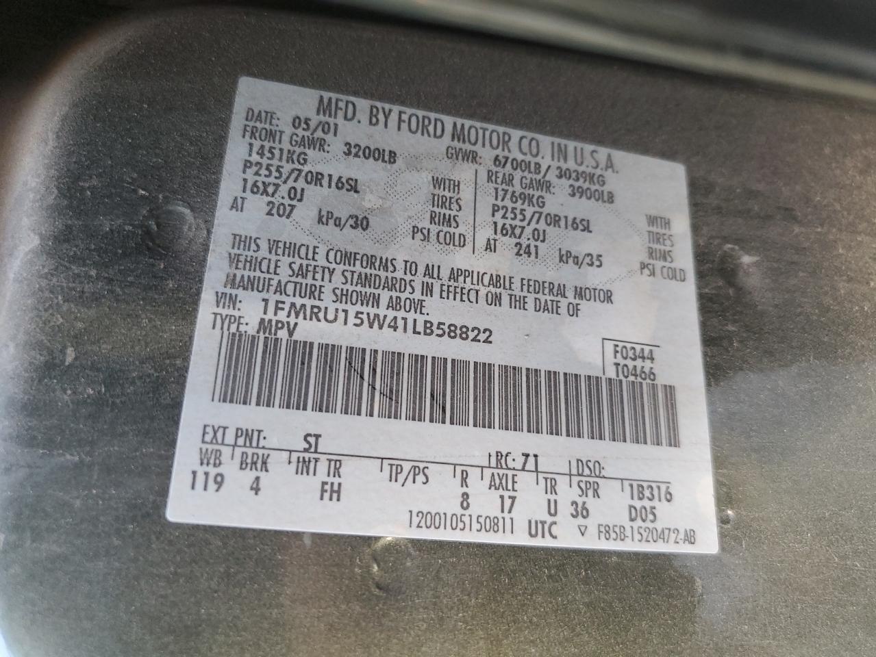 1FMRU15W41LB58822 2001 Ford Expedition Xlt
