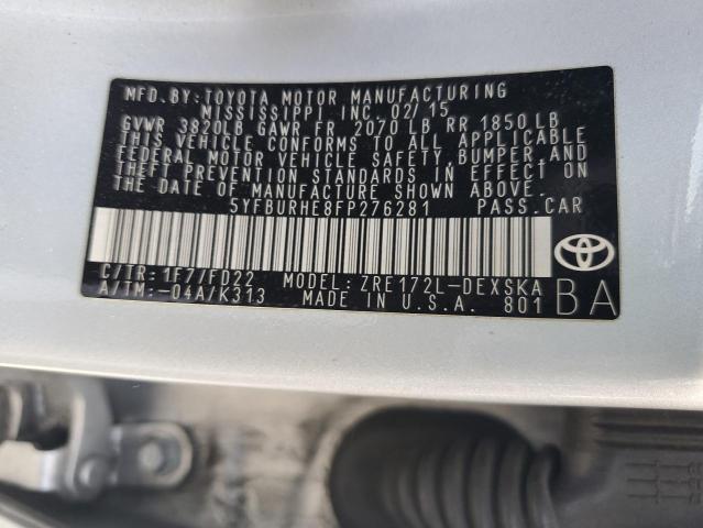 2015 Toyota Corolla L VIN: 5YFBURHE8FP276281 Lot: 54615374