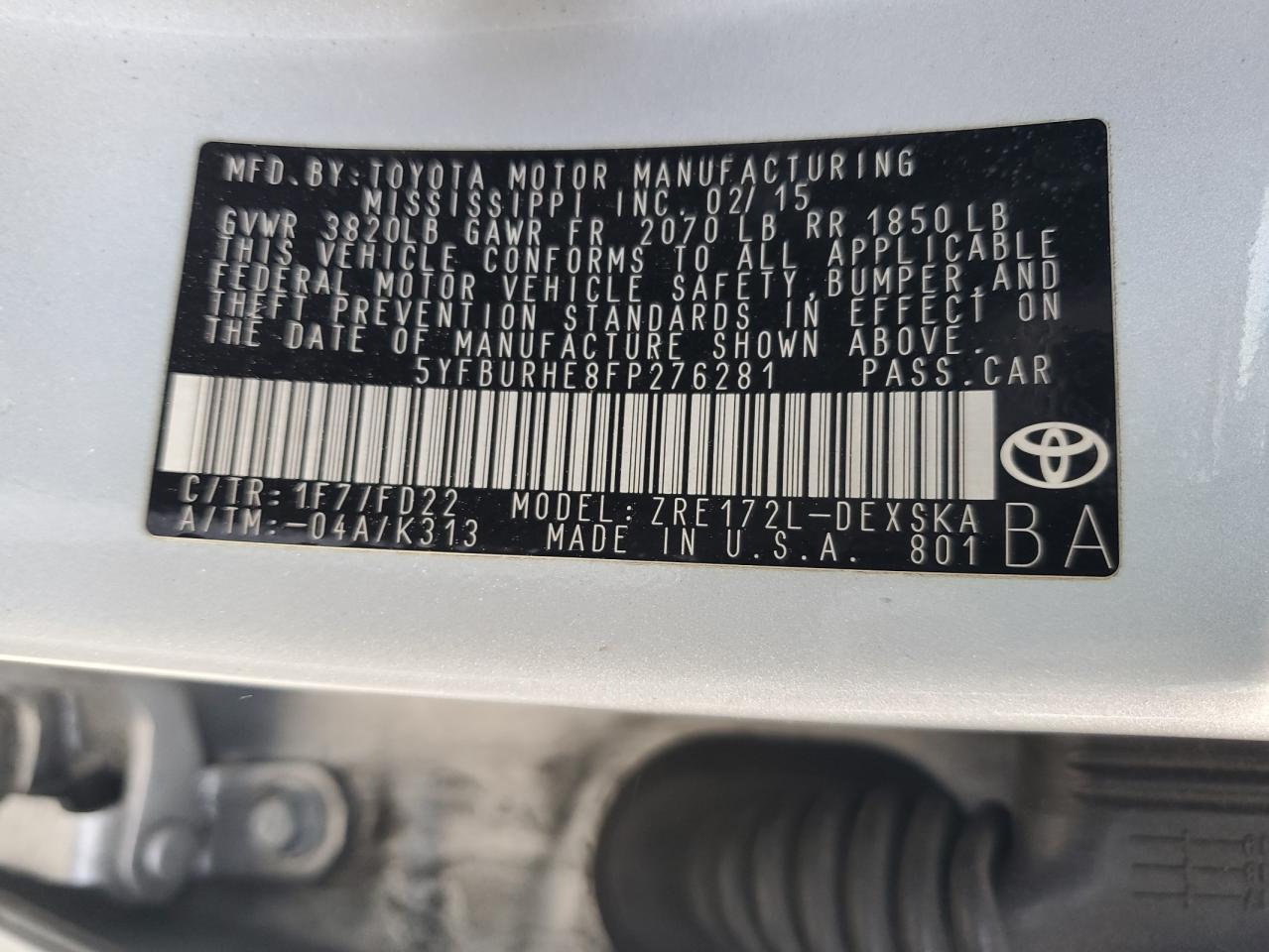 5YFBURHE8FP276281 2015 Toyota Corolla L