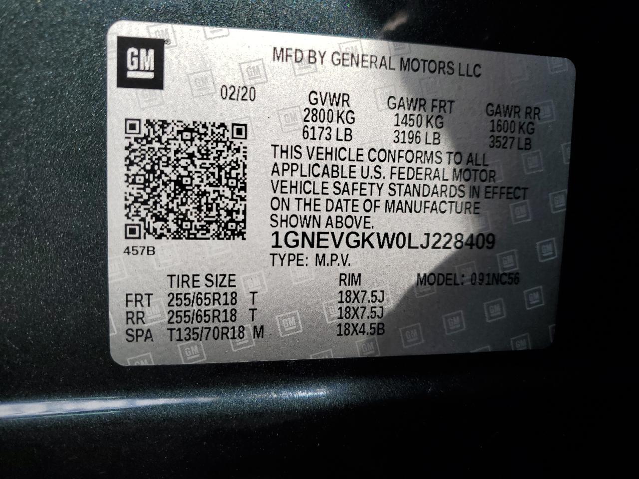 1GNEVGKW0LJ228409 2020 Chevrolet Traverse Lt