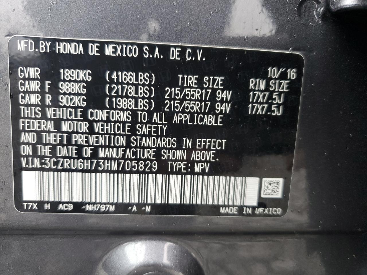 3CZRU6H73HM705829 2017 Honda Hr-V Exl