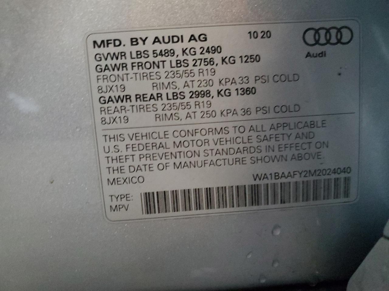 WA1BAAFY2M2024040 2021 Audi Q5 Premium Plus