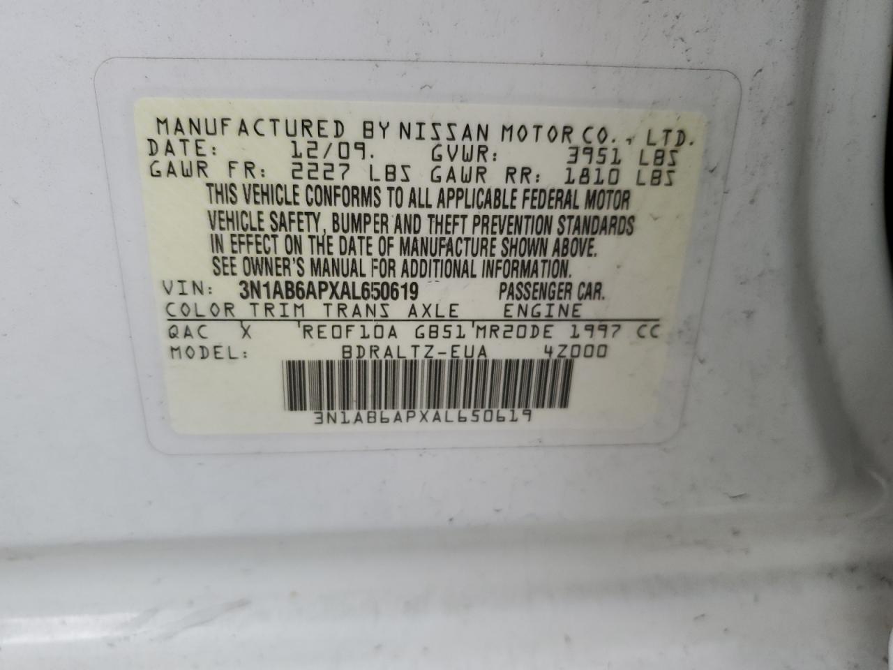 3N1AB6APXAL650619 2010 Nissan Sentra 2.0