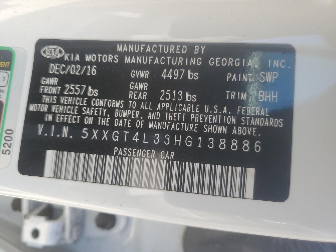 5XXGT4L33HG138886 2017 Kia Optima Lx