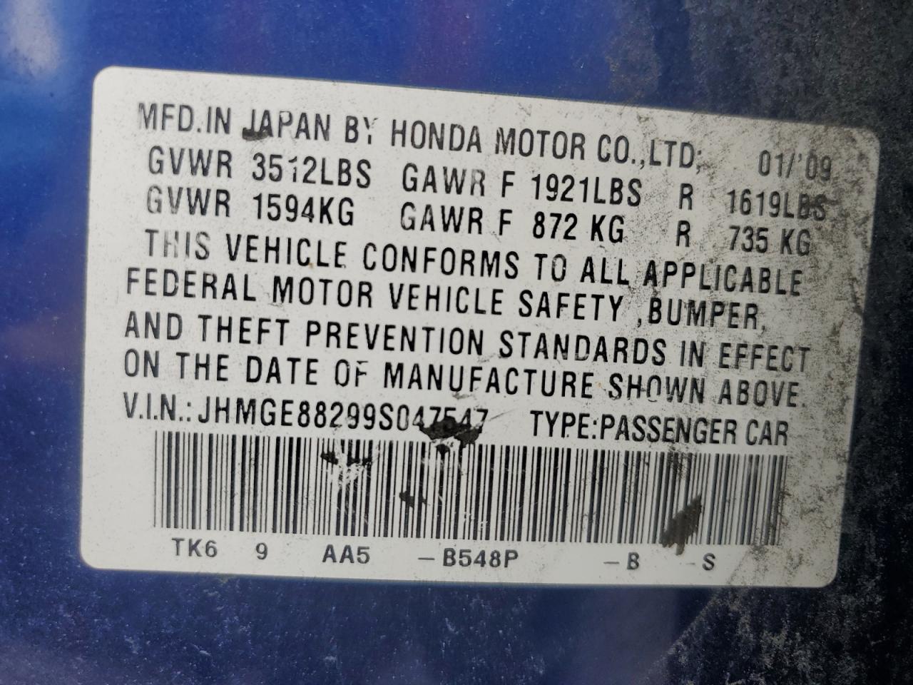 JHMGE88299S047547 2009 Honda Fit