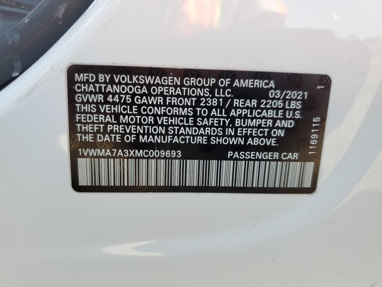 1VWMA7A3XMC009693 2021 Volkswagen Passat R-Line