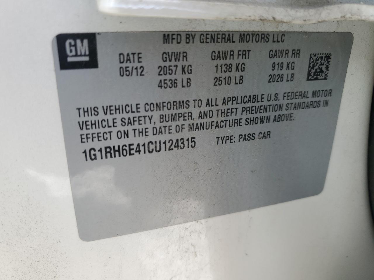 1G1RH6E41CU124315 2012 Chevrolet Volt