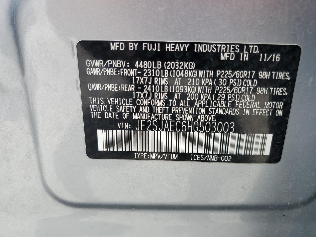 JF2SJAEC6HG503003 2017 Subaru Forester 2.5I Premium