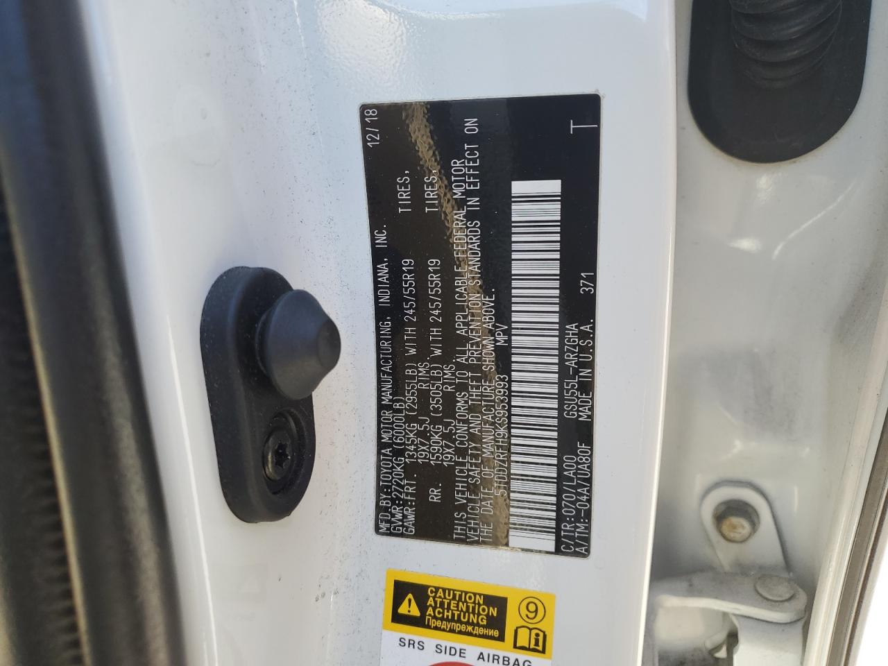 5TDDZRFH9KS953993 2019 Toyota Highlander Limited