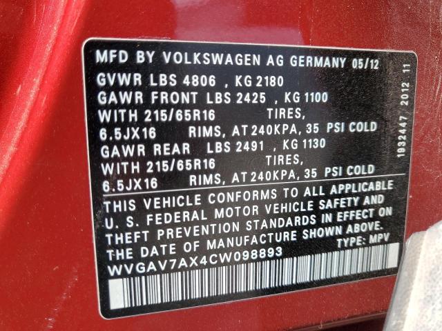 2012 Volkswagen Tiguan S VIN: WVGAV7AX4CW098893 Lot: 55235604