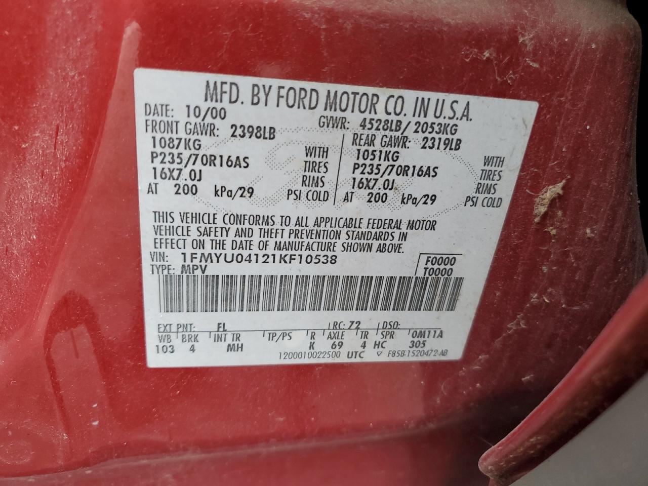 1FMYU04121KF10538 2001 Ford Escape Xlt