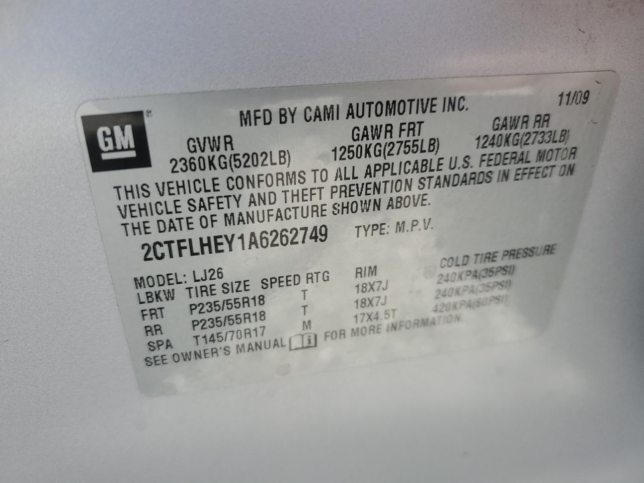 2CTFLHEY1A6262749 2010 GMC Terrain Slt