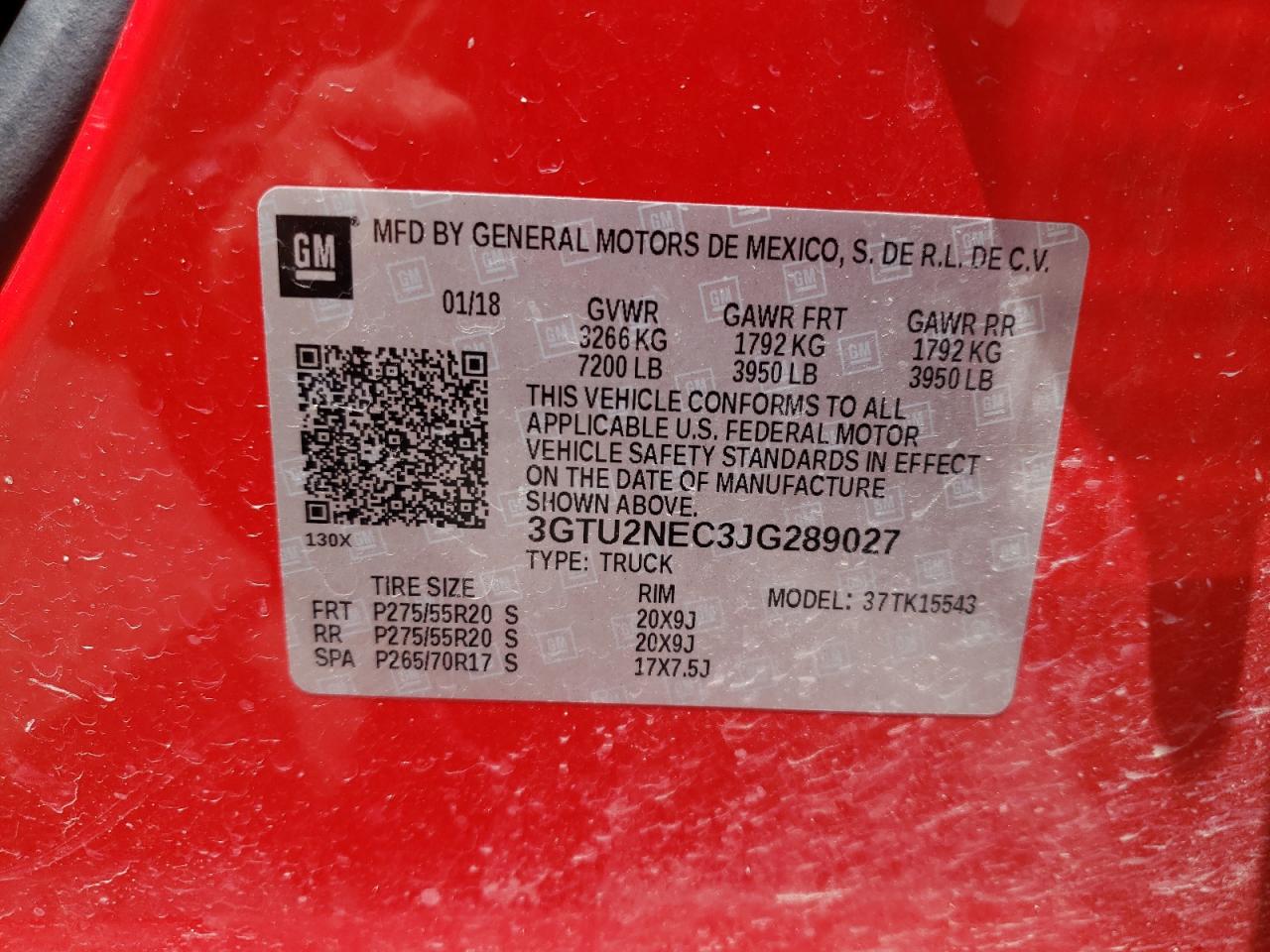 3GTU2NEC3JG289027 2018 GMC Sierra K1500 Slt