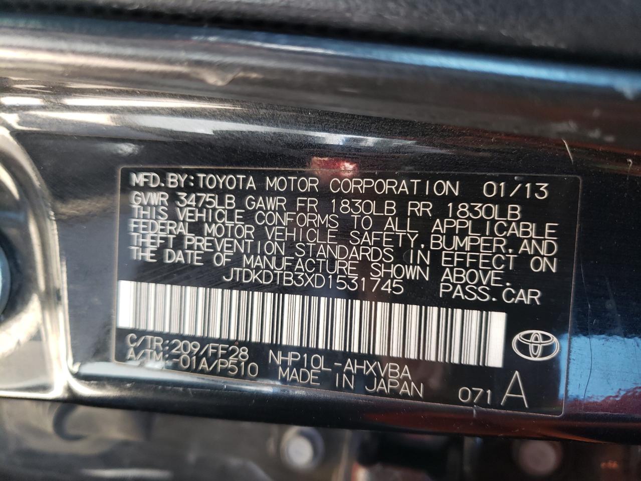 2013 Toyota Prius C vin: JTDKDTB3XD1531745