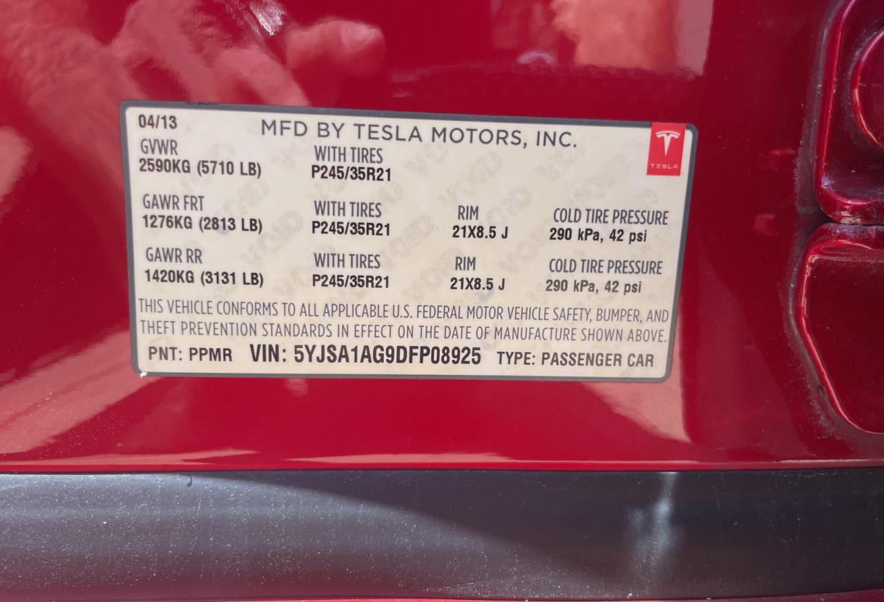 2013 Tesla Model S vin: 5YJSA1AG9DFP08925