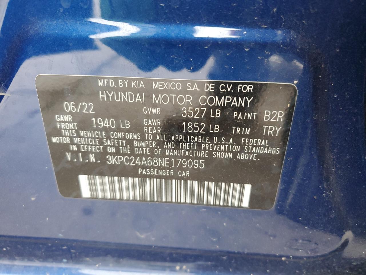 3KPC24A68NE179095 2022 Hyundai Accent Se