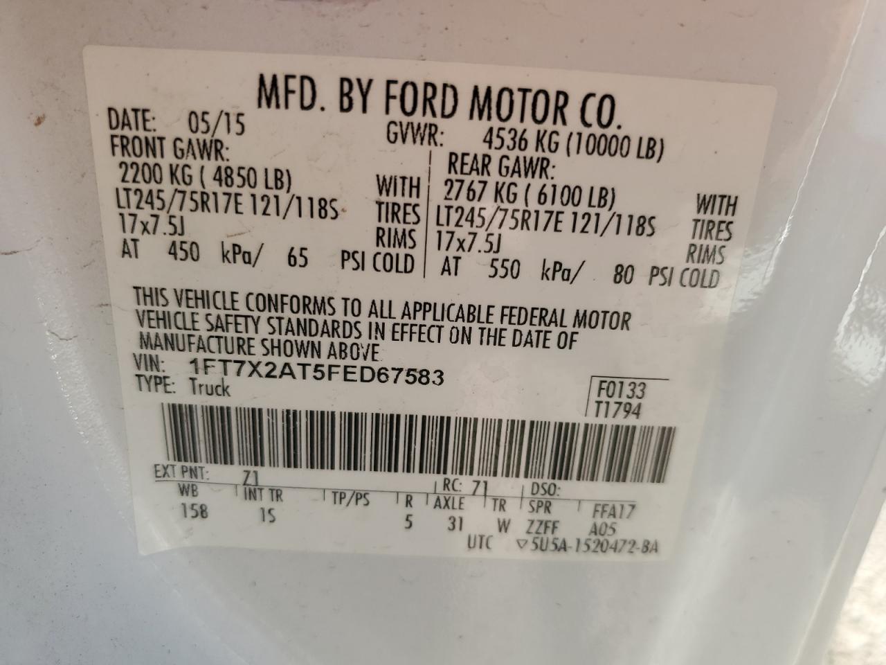 1FT7X2AT5FED67583 2015 Ford F250 Super Duty