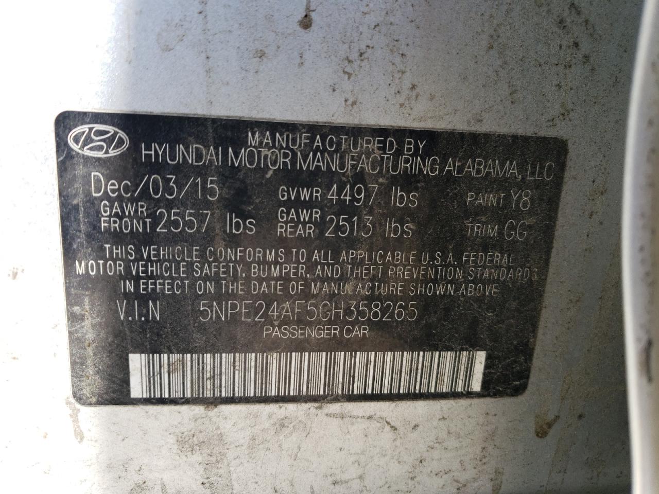 5NPE24AF5GH358265 2016 Hyundai Sonata Se