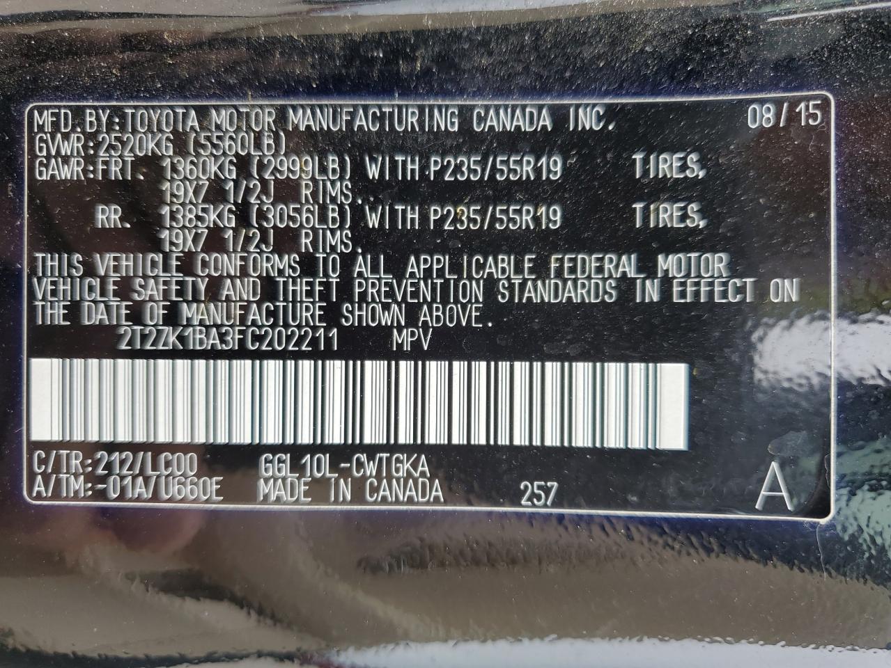 2T2ZK1BA3FC202211 2015 Lexus Rx 350