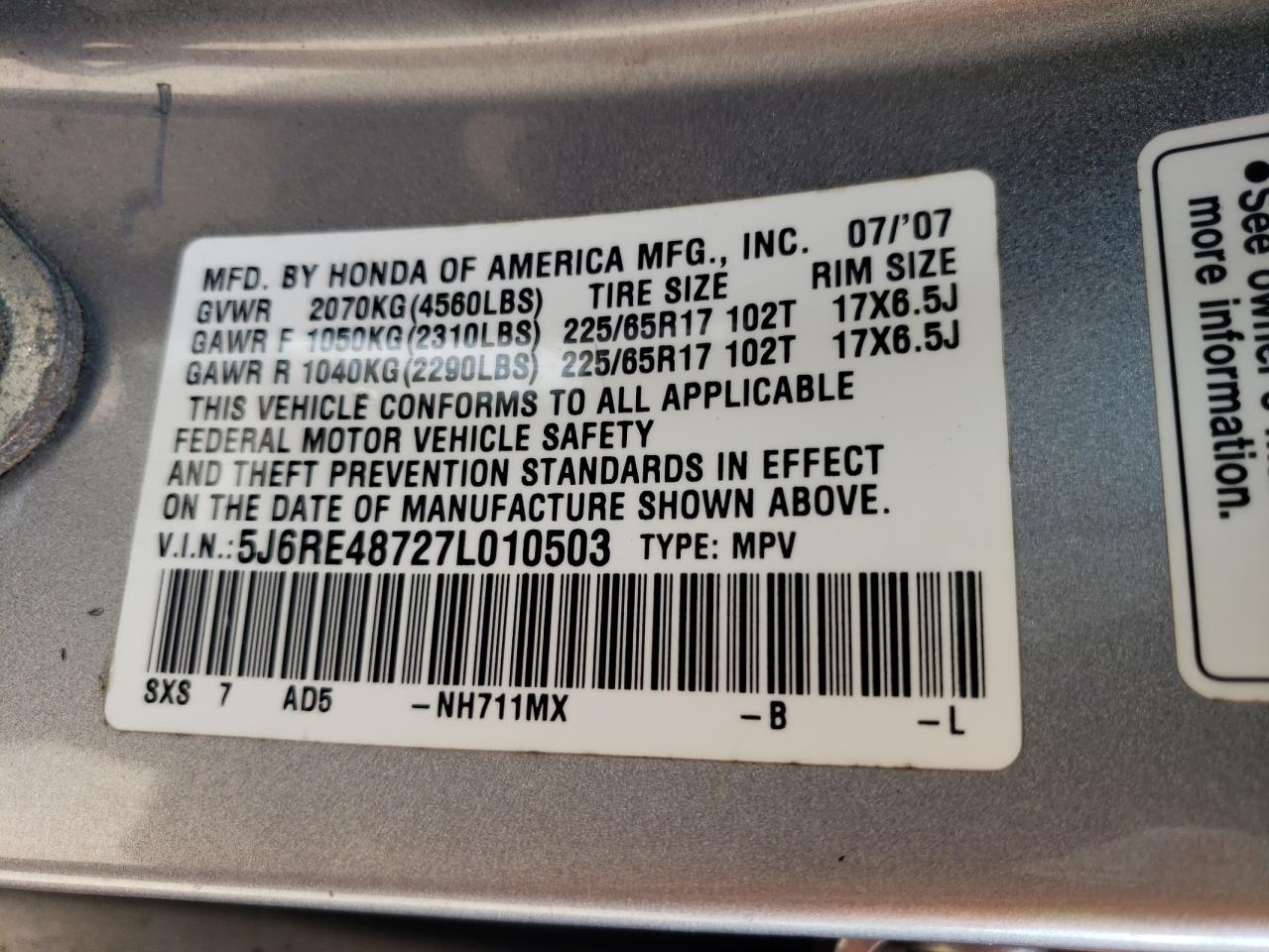 5J6RE48727L010503 2007 Honda Cr-V Exl