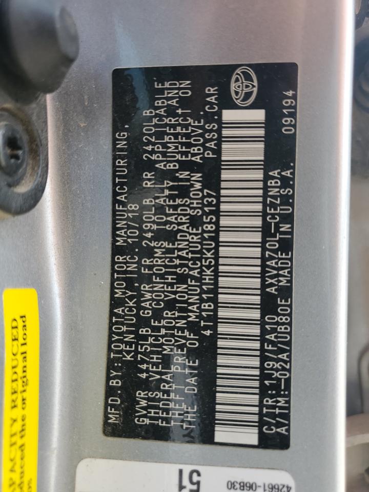 4T1B11HK5KU185137 2019 Toyota Camry L