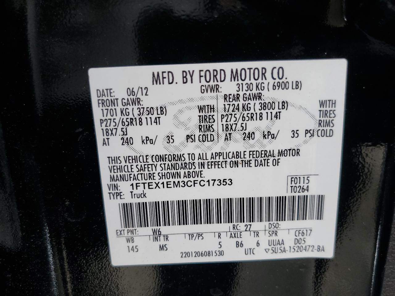 1FTEX1EM3CFC17353 2012 Ford F150 Super Cab