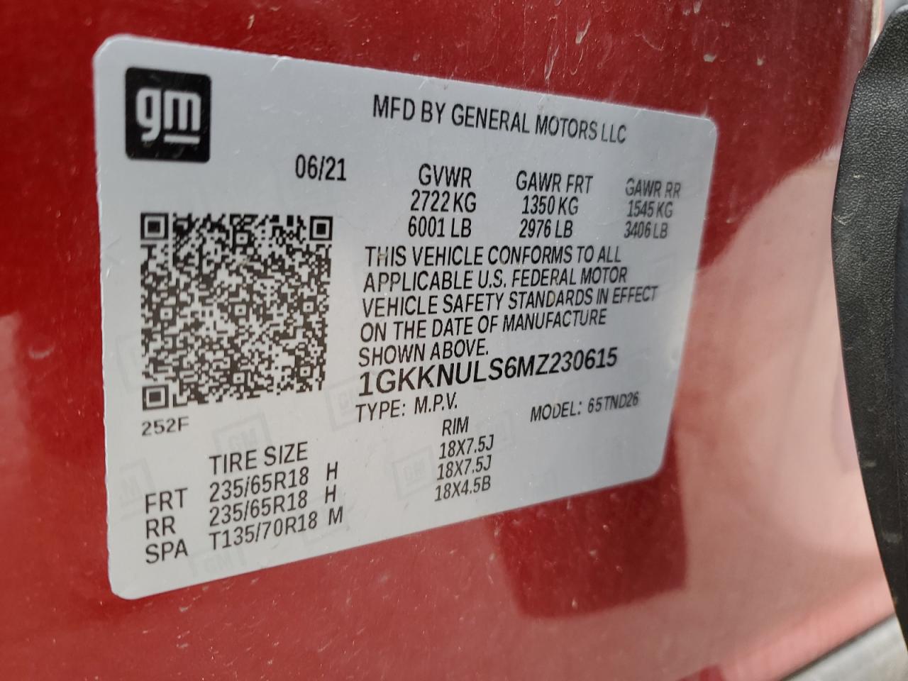 1GKKNULS6MZ230615 2021 GMC Acadia Slt