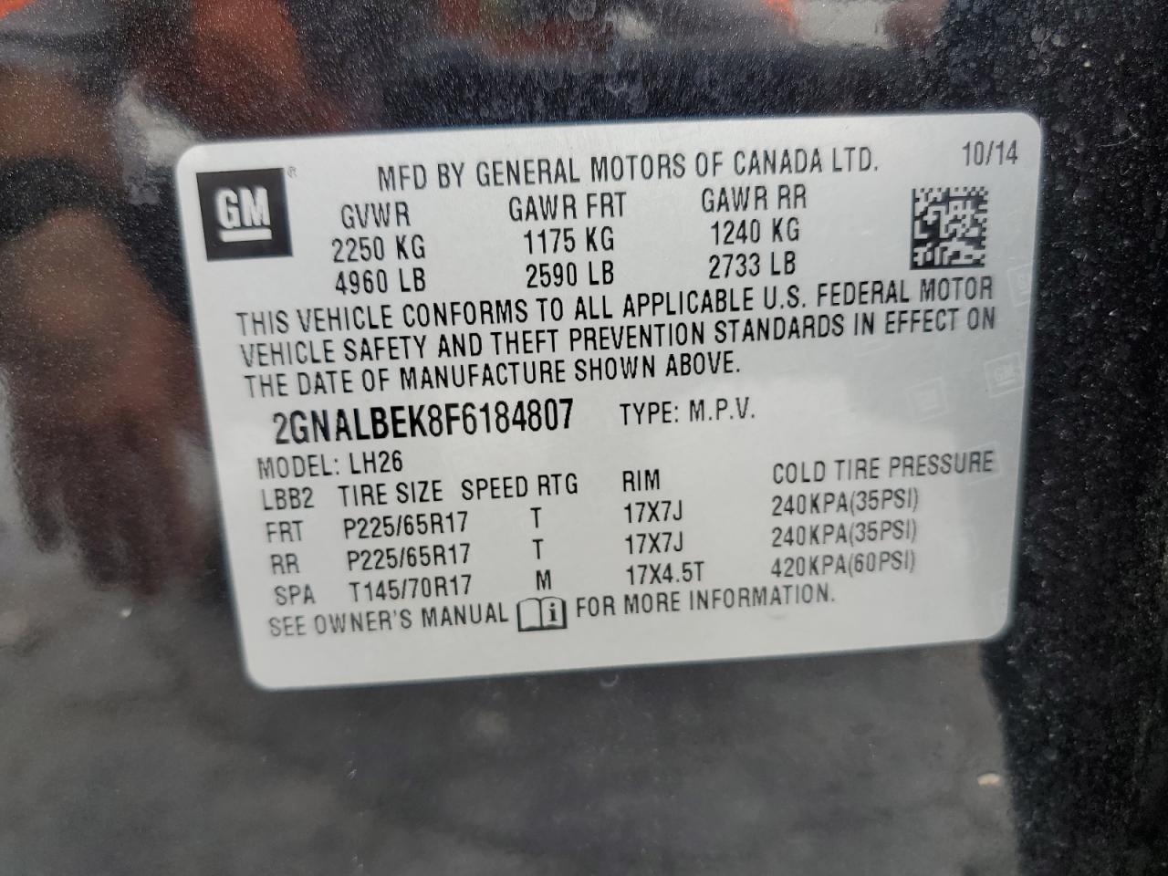 2GNALBEK8F6184807 2015 Chevrolet Equinox Lt