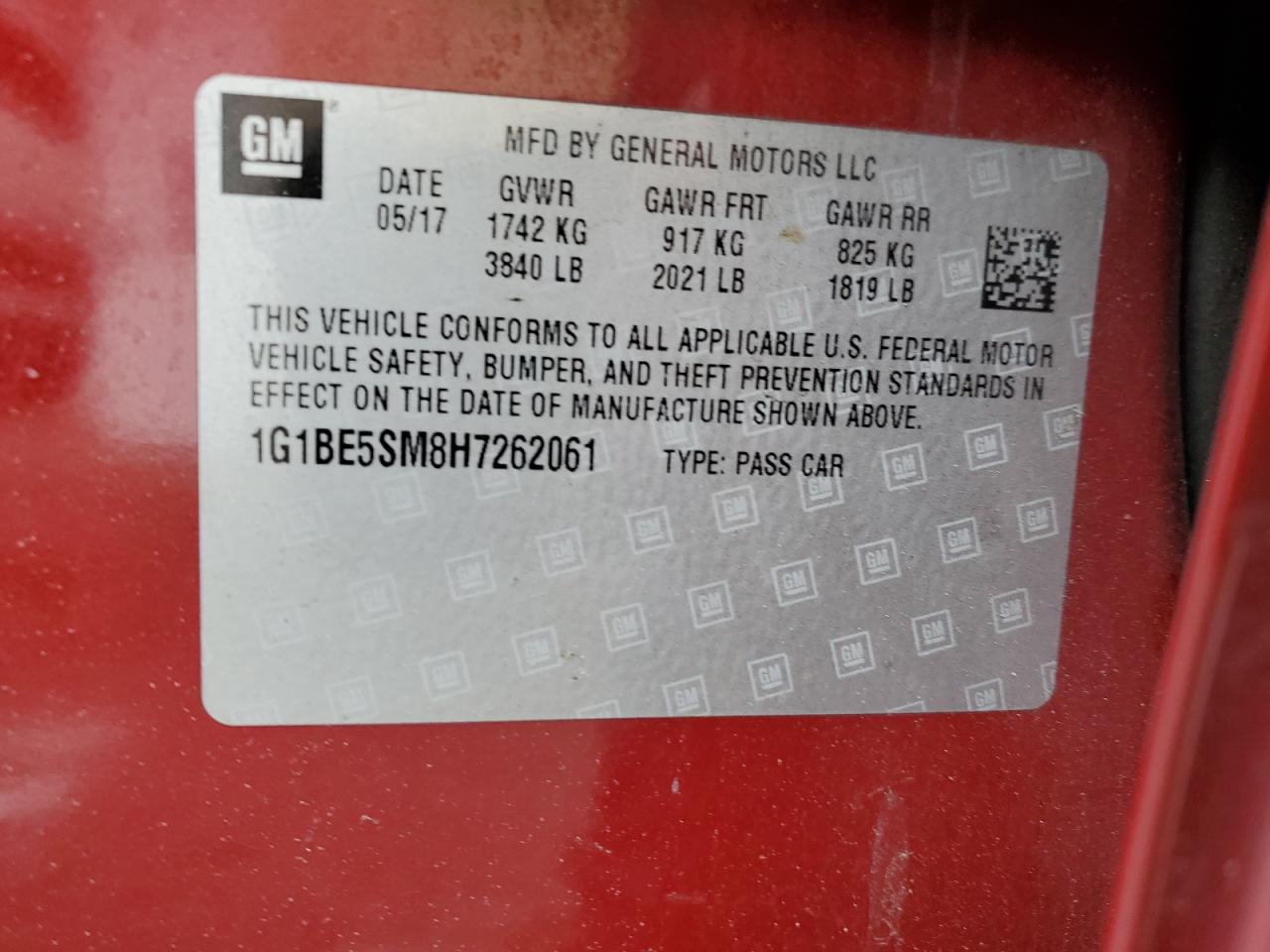 1G1BE5SM8H7262061 2017 Chevrolet Cruze Lt