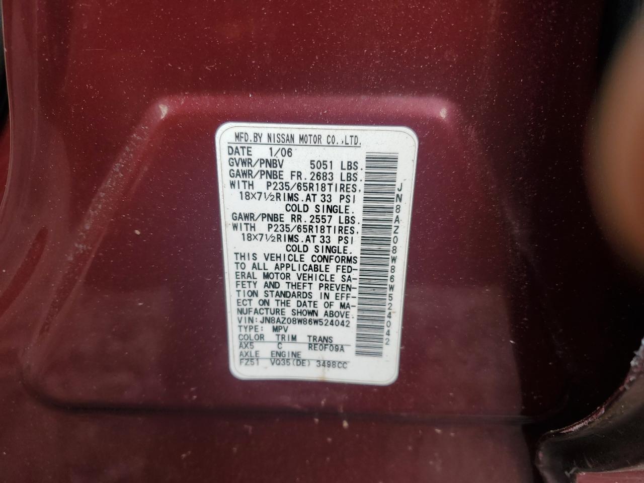 JN8AZ08W86W524042 2006 Nissan Murano Sl