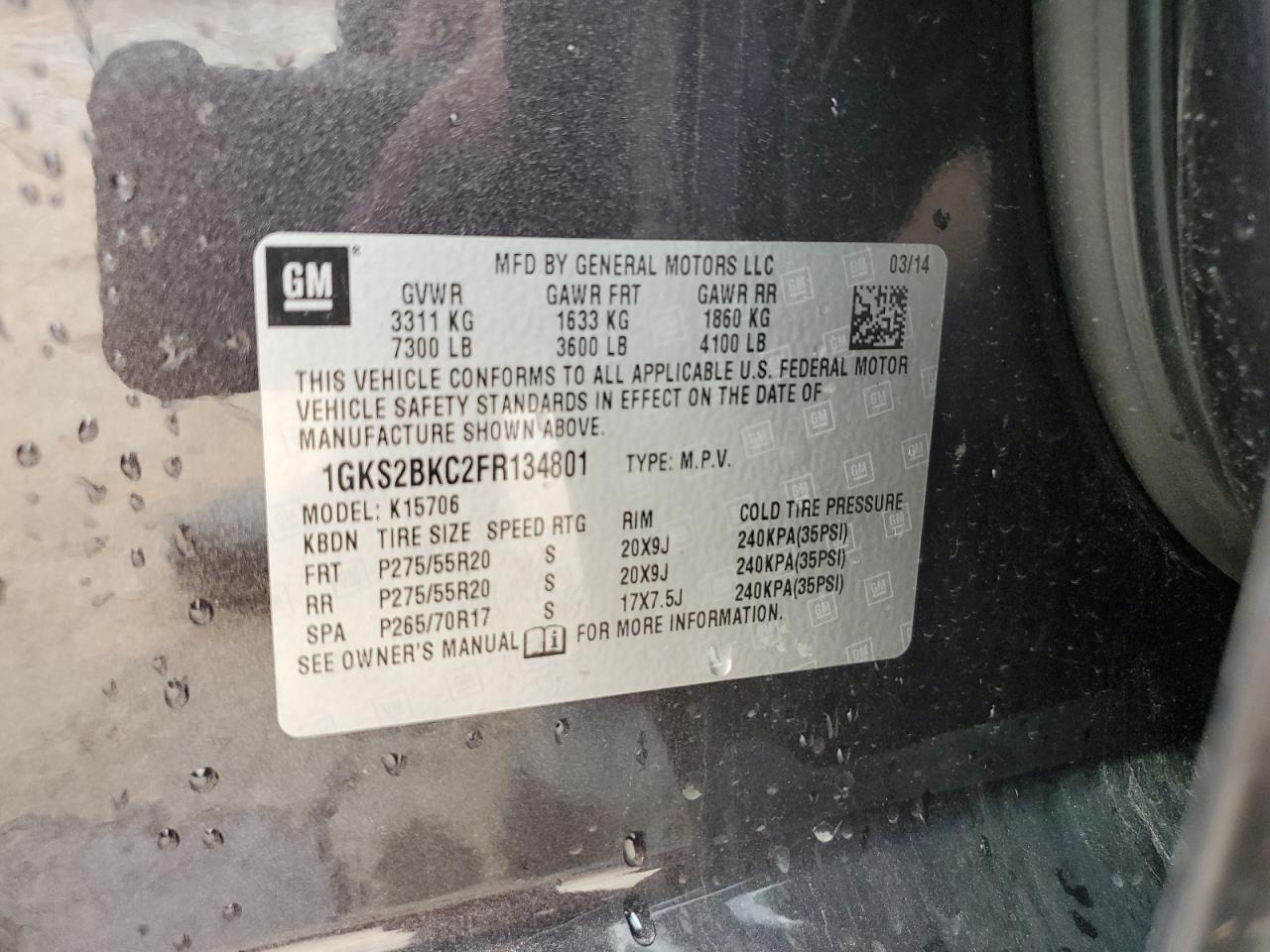 1GKS2BKC2FR134801 2015 GMC Yukon Slt