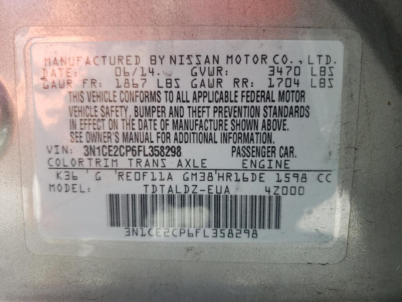 3N1CE2CP6FL358298 2015 Nissan Versa Note S