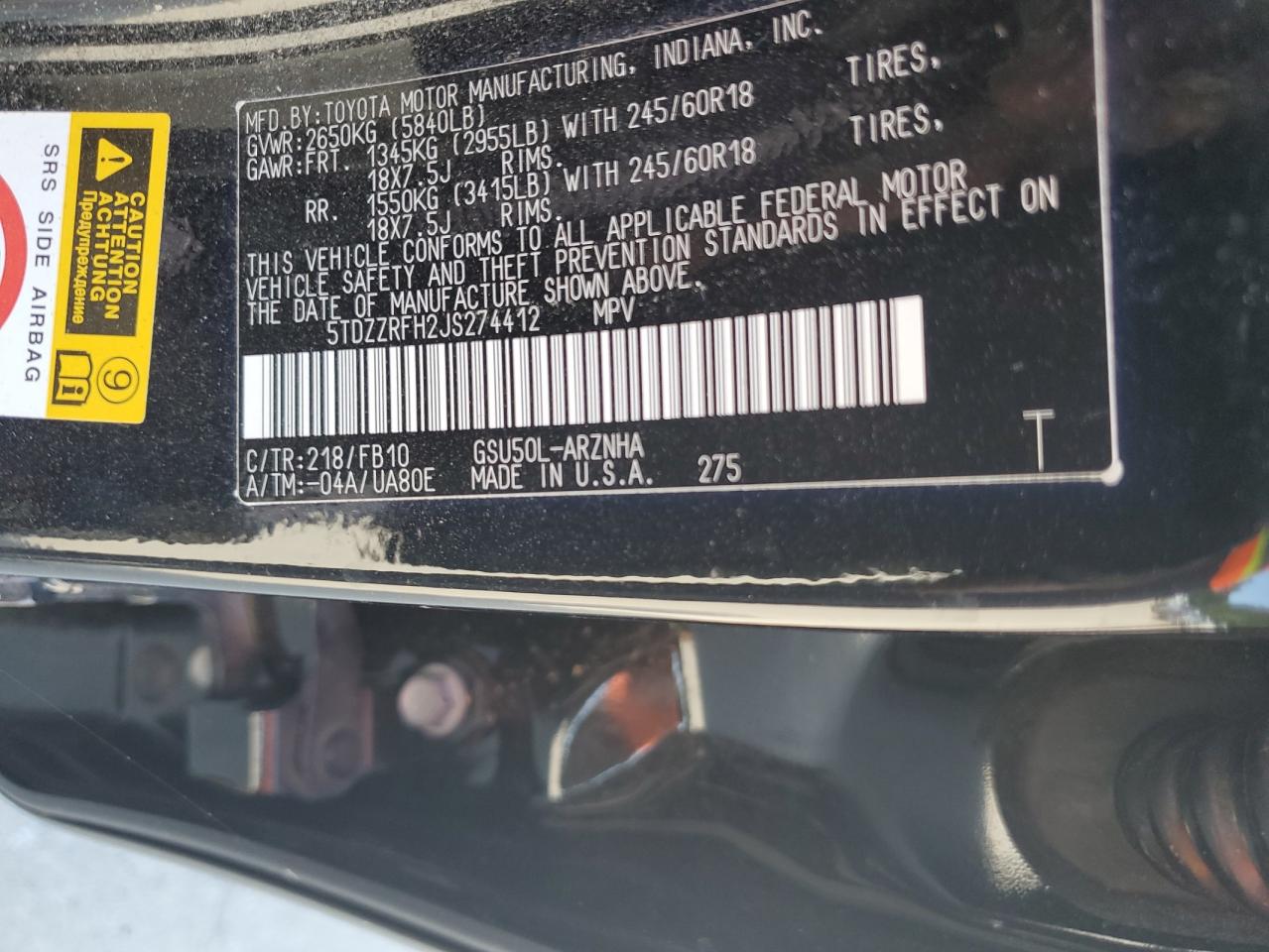 5TDZZRFH2JS274412 2018 Toyota Highlander Le