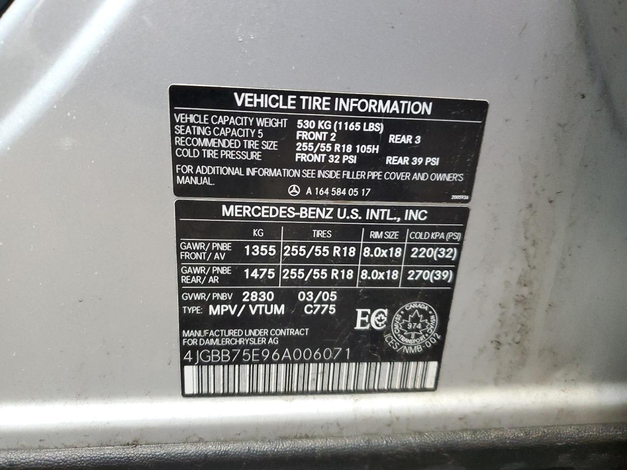 4JGBB75E96A006071 2006 Mercedes-Benz Ml 500