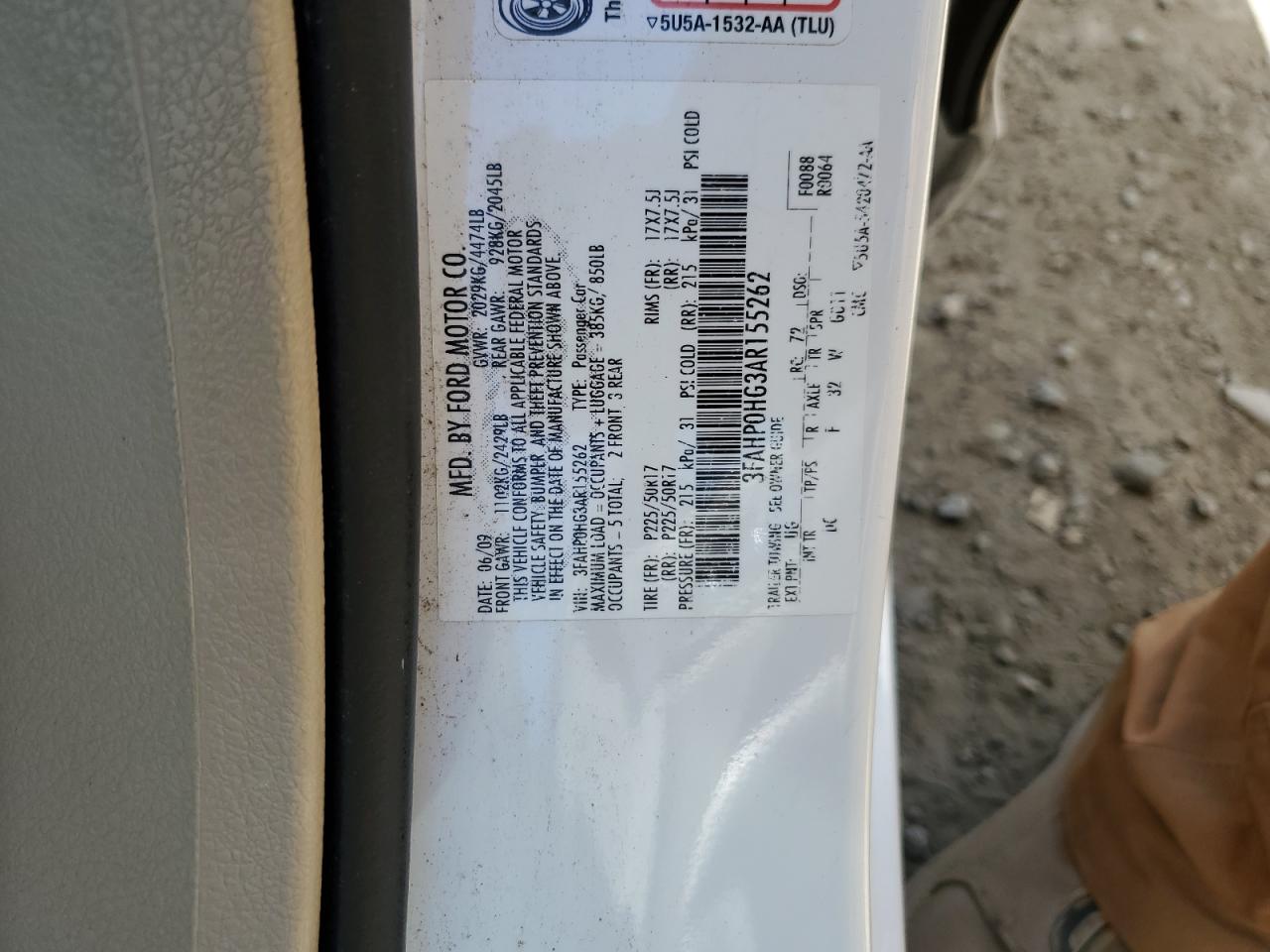 3FAHP0HG3AR155262 2010 Ford Fusion Se