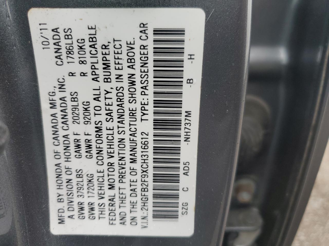 2HGFB2F9XCH316612 2012 Honda Civic Exl