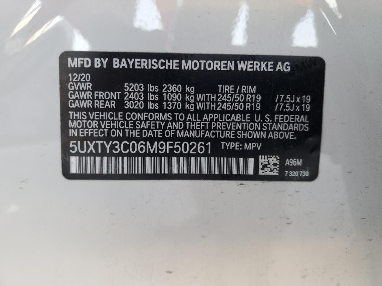 5UXTY3C06M9F50261 2021 BMW X3 Sdrive30I