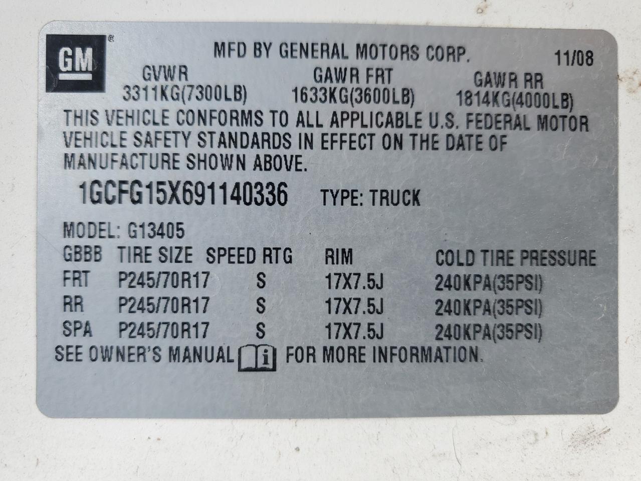 1GCFG15X691140336 2009 Chevrolet Express G1500