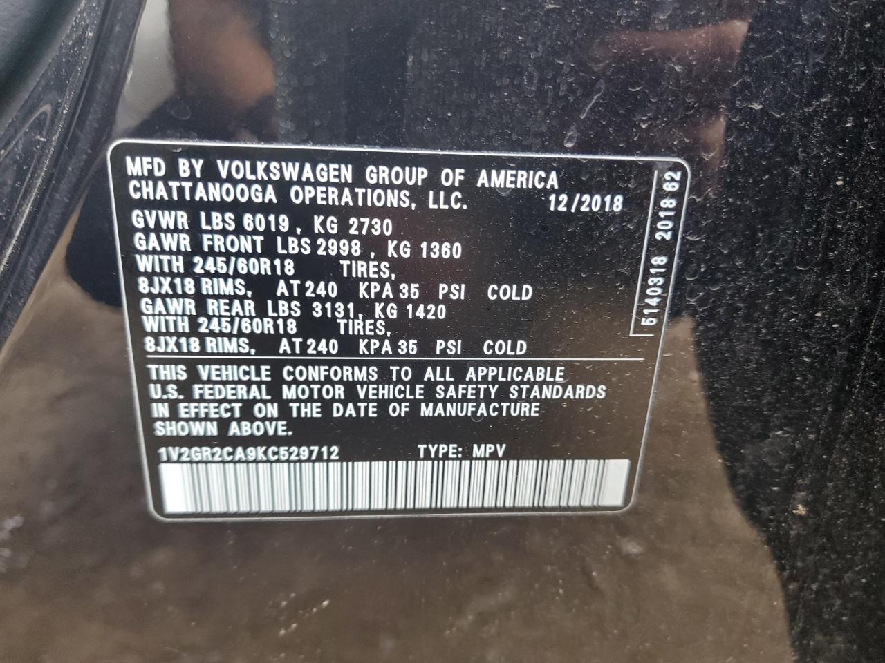 1V2GR2CA9KC529712 2019 Volkswagen Atlas S