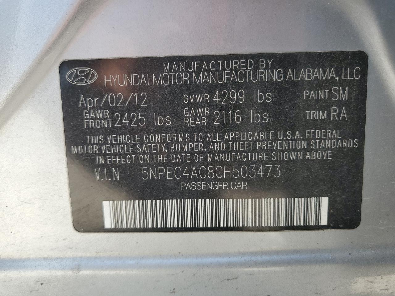 5NPEC4AC8CH503473 2012 Hyundai Sonata Se