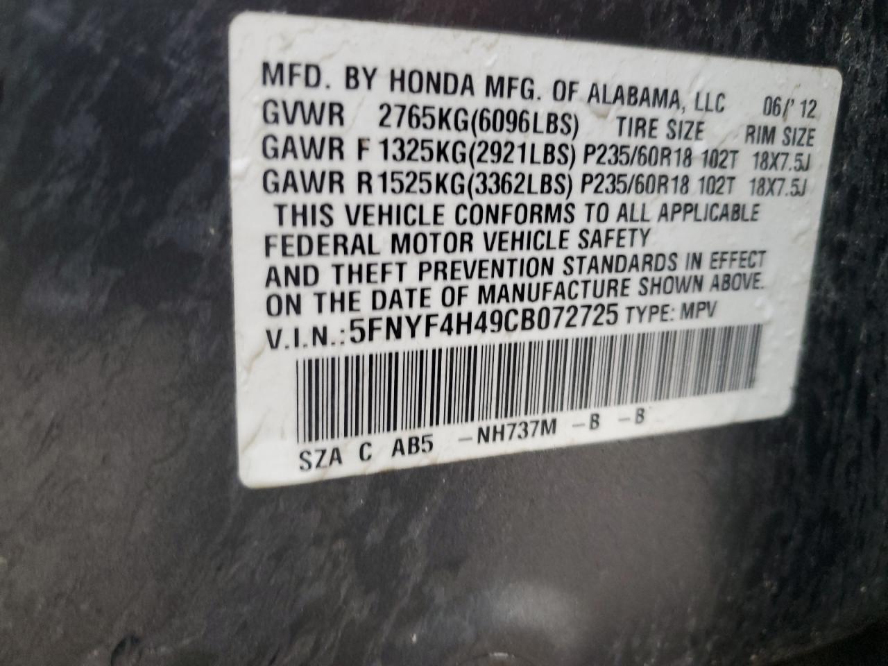 2012 Honda Pilot Ex vin: 5FNYF4H49CB072725