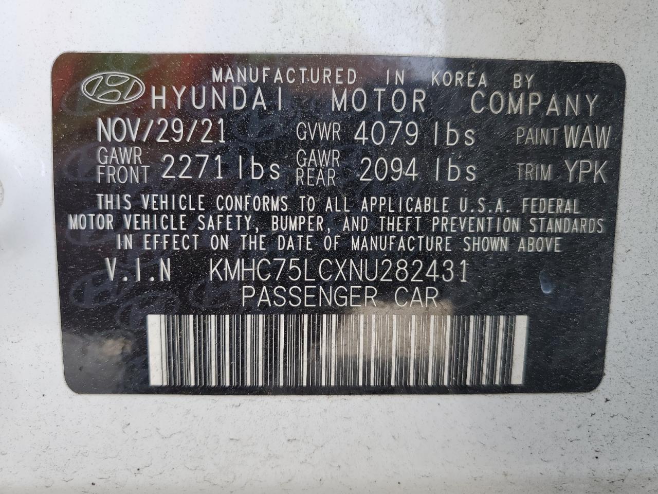 KMHC75LCXNU282431 2022 Hyundai Ioniq Se