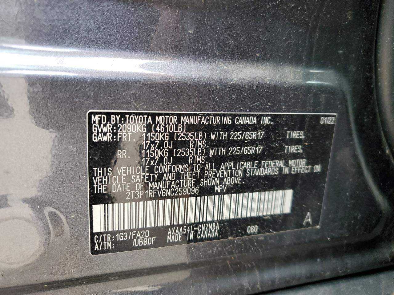 2T3P1RFV6NC259096 2022 Toyota Rav4 Xle