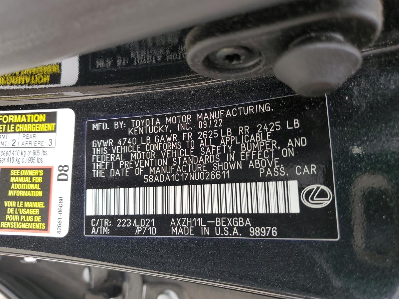 58ADA1C17NU026611 2022 Lexus Es 300H Base
