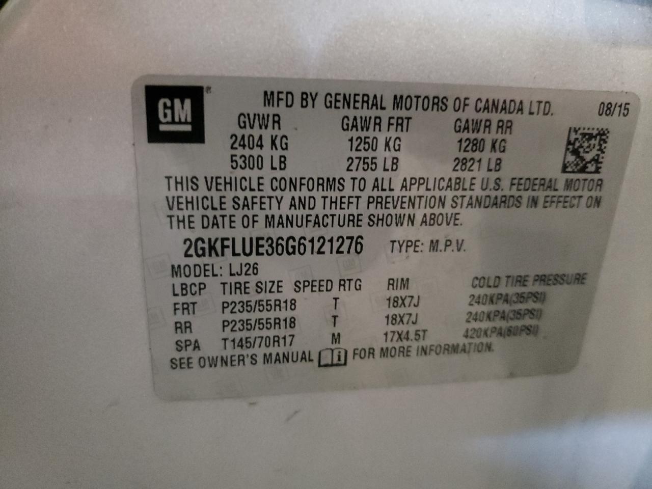 2GKFLUE36G6121276 2016 GMC Terrain Slt