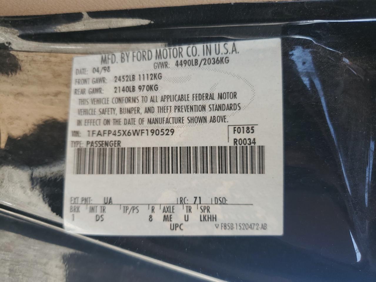 1FAFP45X6WF190529 1998 Ford Mustang Gt