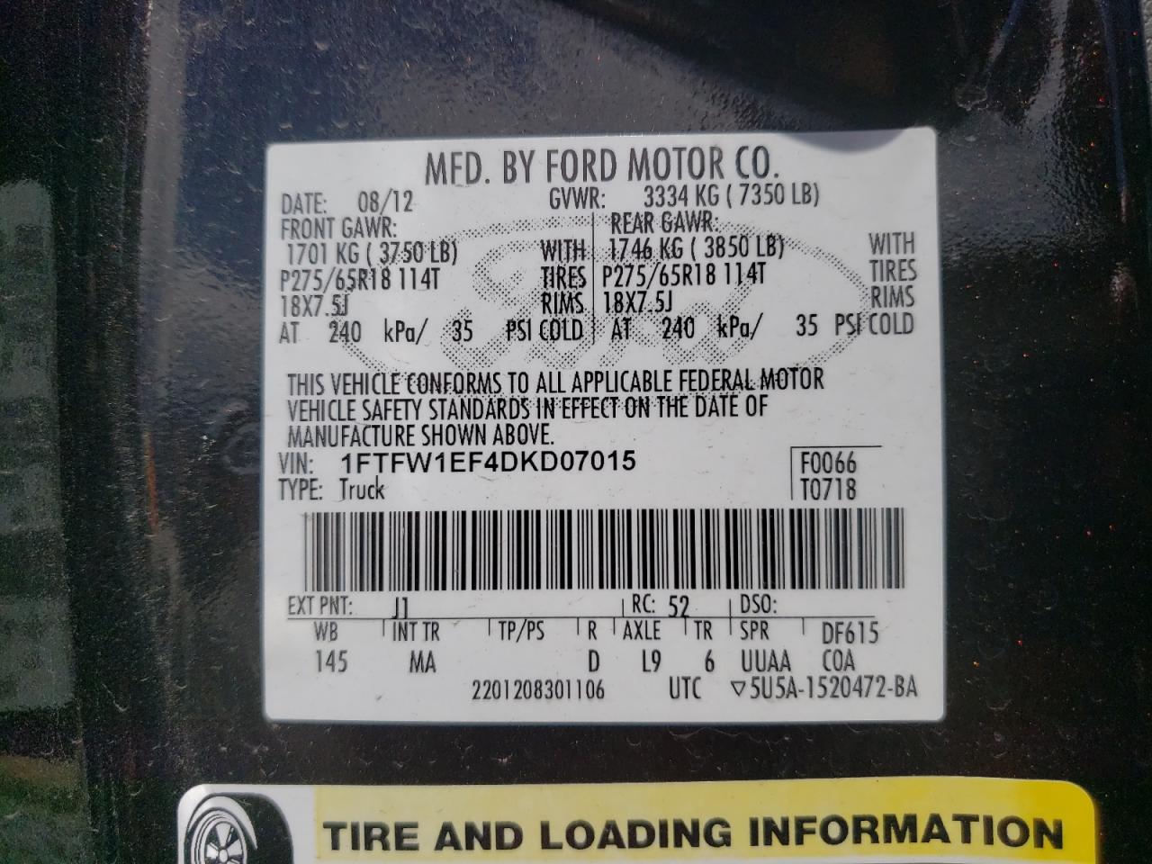 1FTFW1EF4DKD07015 2013 Ford F150 Supercrew