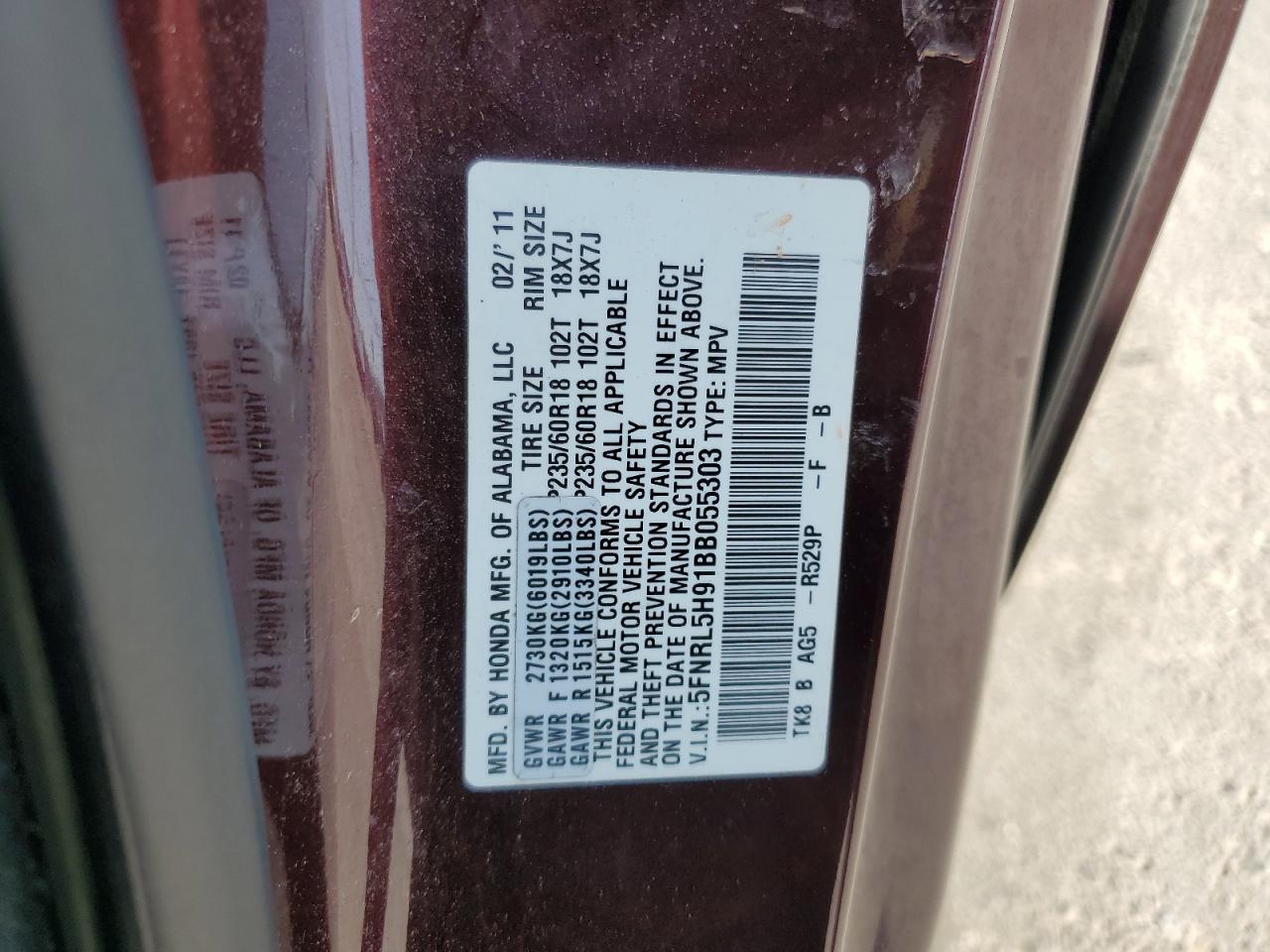 5FNRL5H91BB055303 2011 Honda Odyssey Touring