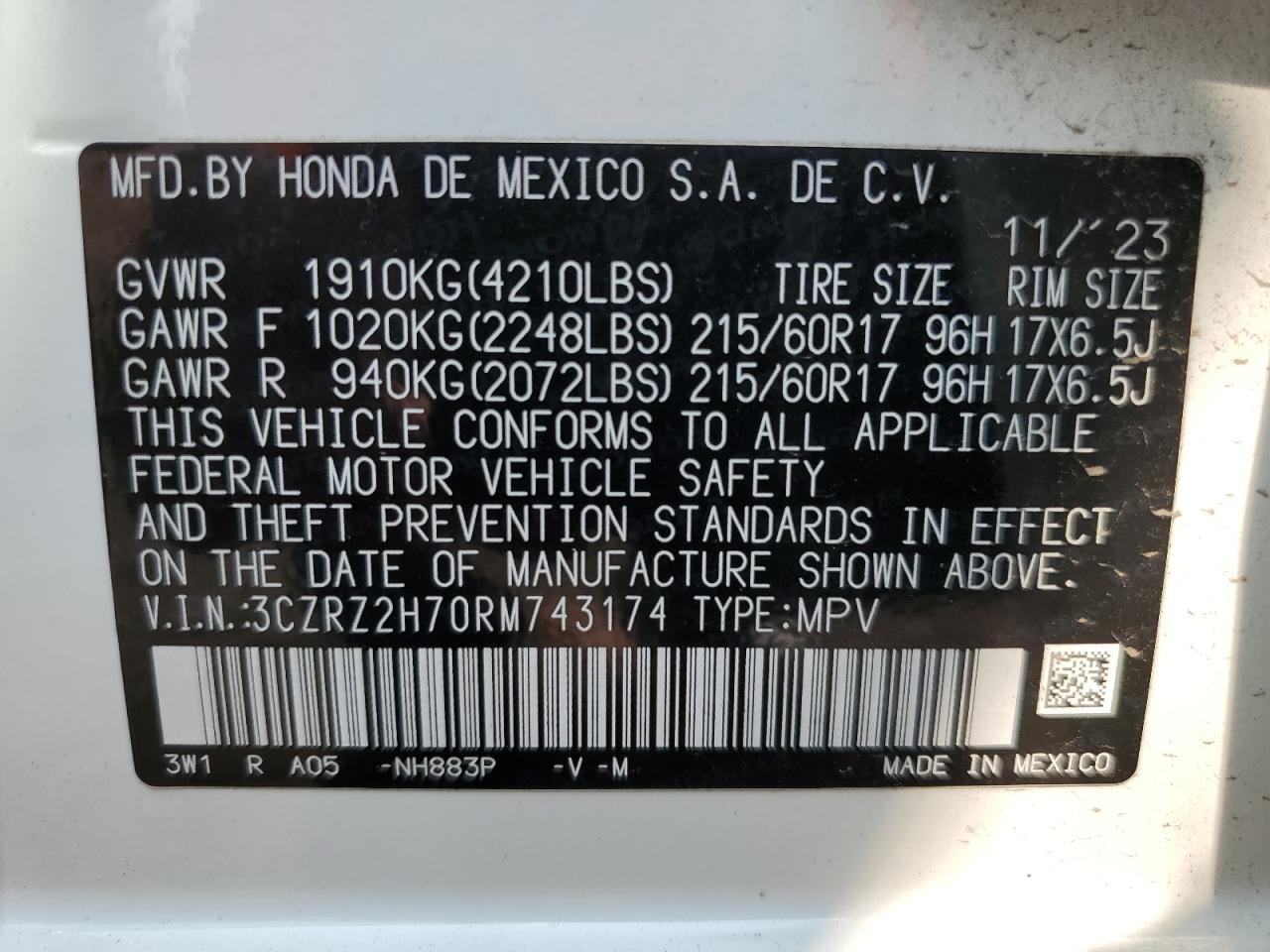 3CZRZ2H70RM743174 2024 Honda Hr-V Exl